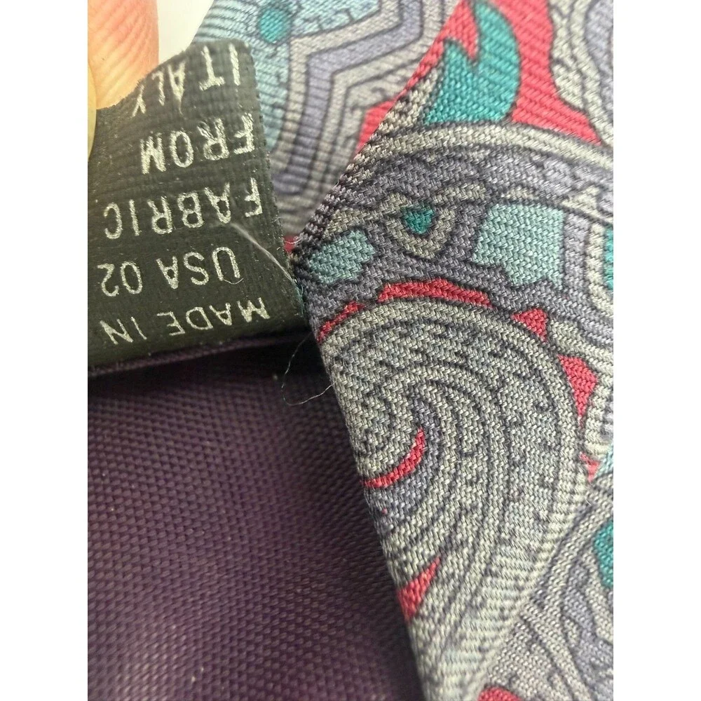 Kenneth Stevens Silk Tie Paisley Red Grey Teal Blue Made in USA Italian Fabric